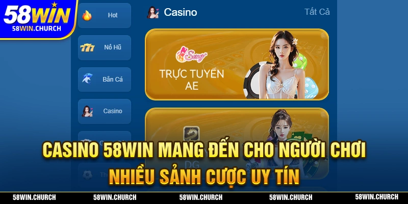 Casino 58WIN sở hữu nhiều sảnh cược và tỷ lệ kèo cược hấp dẫn